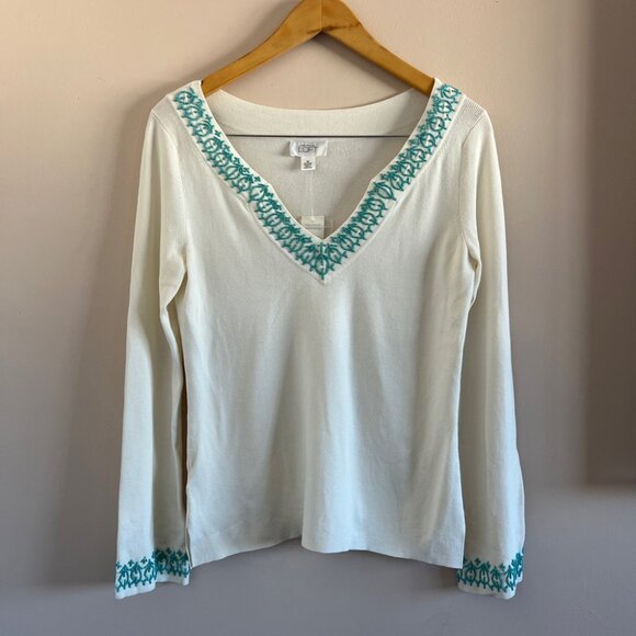 Ann Taylor LOFT | NWT White Long Sleeve Top with Turquoise Embroidery - Picture 1 of 6
